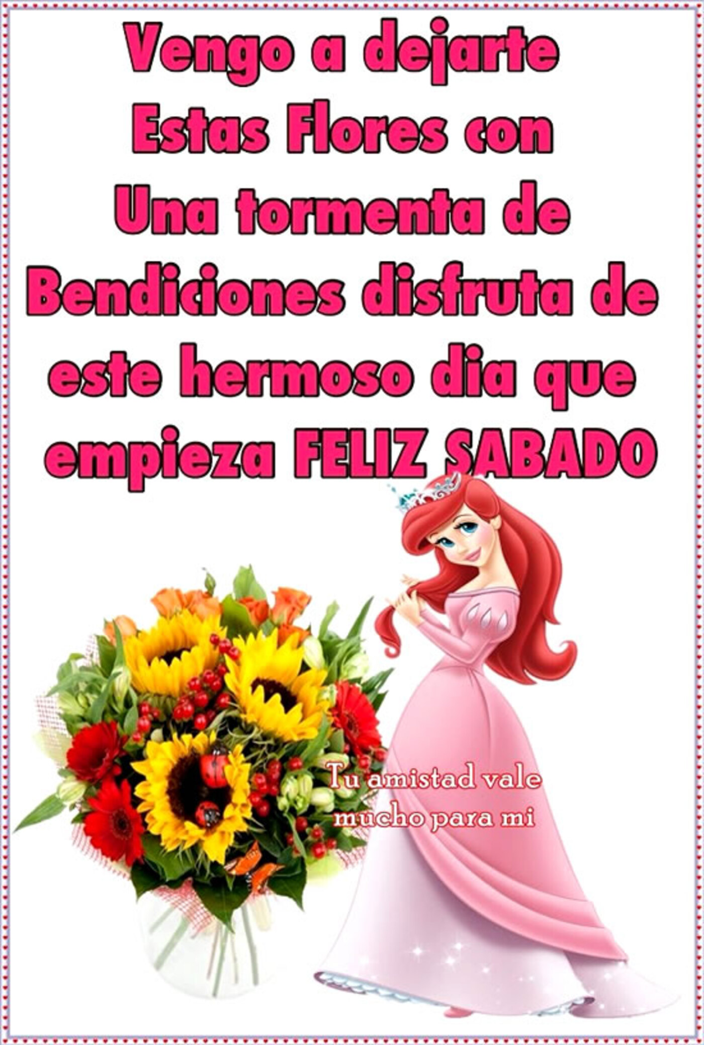 Vengo a dejarte estas flores con una tormenta de bendiciones disfruta de este hermoso día que empieza. Feliz sábado