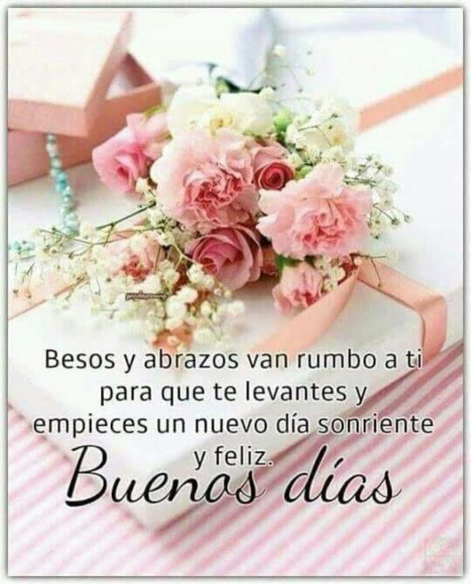 Besos y abrazos van rumbo a ti para que te levantes y empieces un nuevo día sonriente y feliz. Buenos días