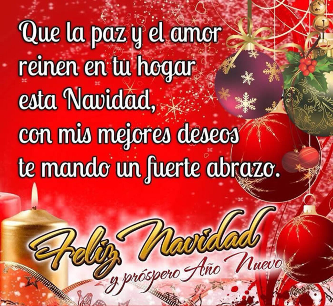 Que la paz y el amor reinen en tu hogar esta navidad, con mis mejores deseos te mando un fuerte abrazo. Feliz Navidad y próspero año nuevo.