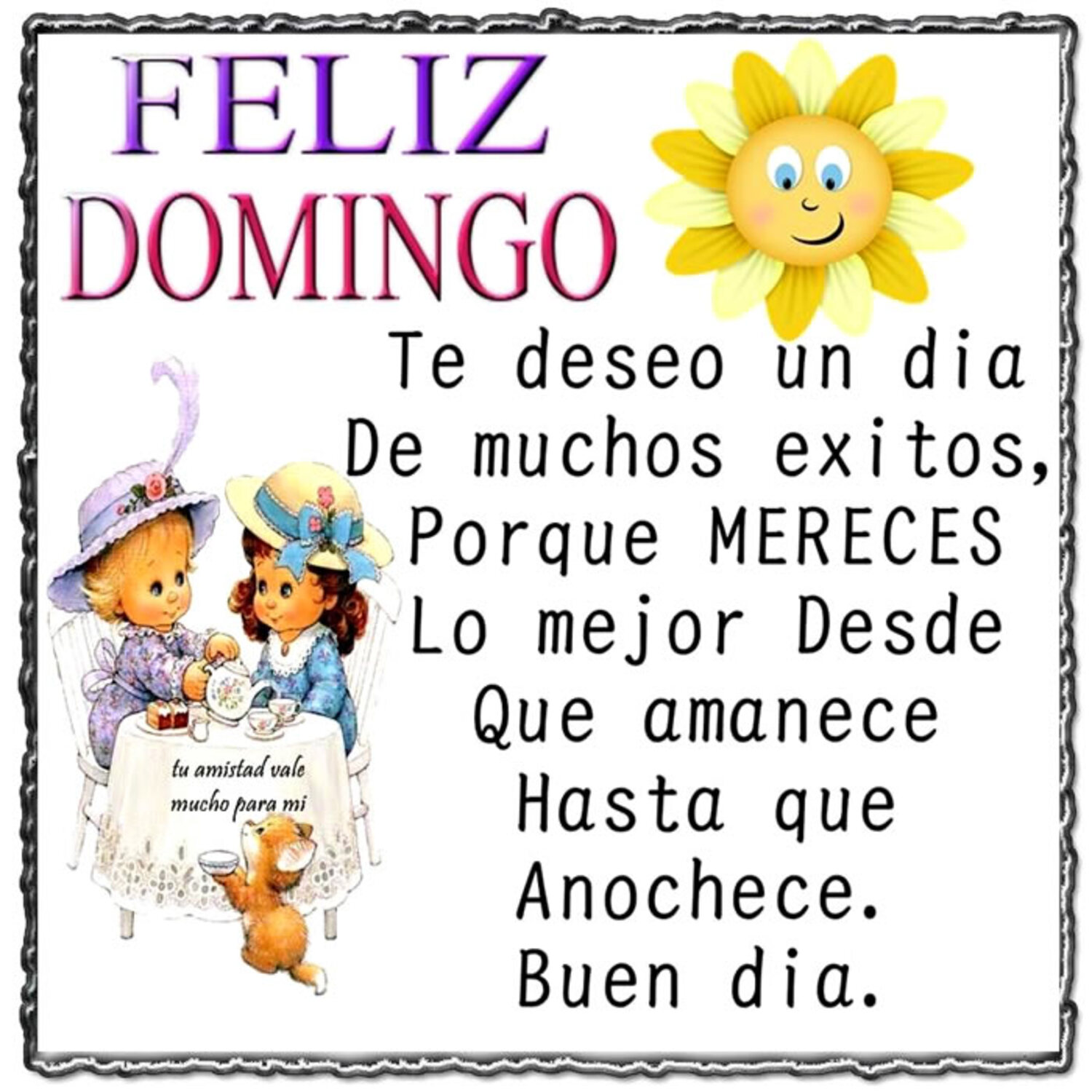 Feliz domingo te deseo un día de muchos exitos, porque mereces lo mejor desde que amanece hasta que anochece. Buen dia.