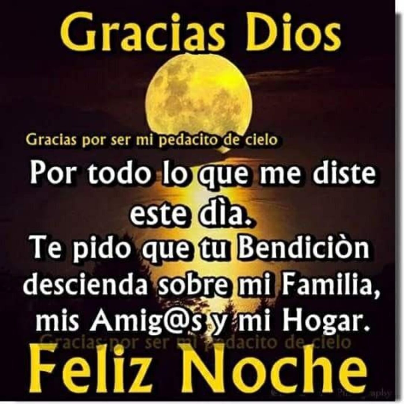 Gracias Dios por todo lo que me diste este día. Te pido que tu bendición descienda sobre mi familia, mis amigas y mi hogar. Feliz Noche